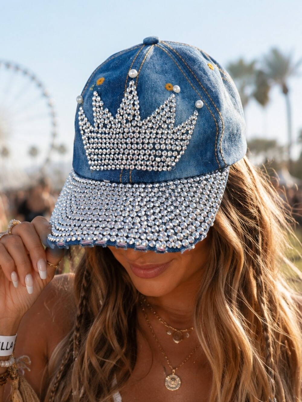 👑 Magid Hat's Rhinestone Crown Denim Baseball Cap | Bling Pearl Distressed Hat
